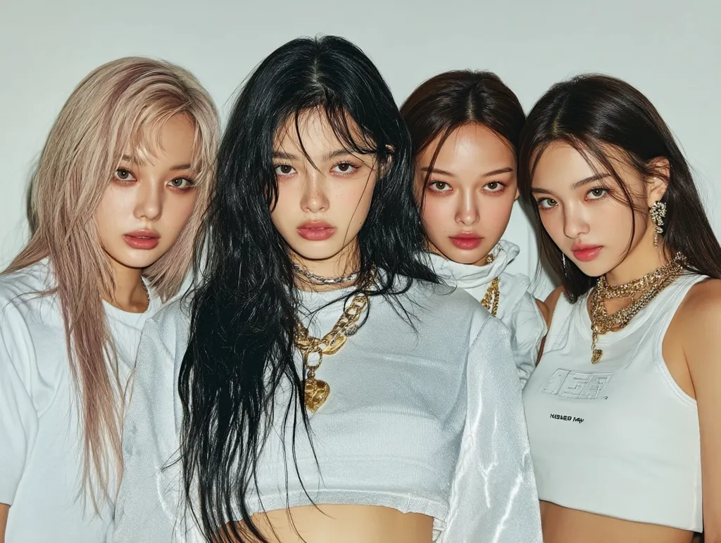 A promotional shot features four young women, possibly a K-pop group.  They're styled in similar light-colored, cropped tops, showcasing a coordinated yet individualistic aesthetic. Their hair and makeup are bold and fashionable.  The image conveys a trendy, edgy vibe, emphasizing their youthful energy and beauty.  Gold jewelry complements their outfits, adding a touch of luxury.