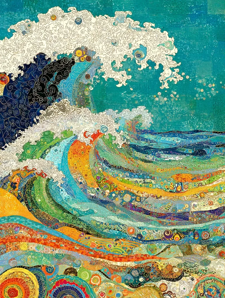 A vibrant mosaic artwork depicts a powerful ocean wave crashing.  The wave is rendered in a kaleidoscope of blues, greens, oranges, and yellows, with swirling patterns and textured details.  The style is reminiscent of stained glass or a highly detailed paint-by-numbers, creating a rich and complex image. The colors are bold and the composition dynamic, capturing the energy and movement of the sea.