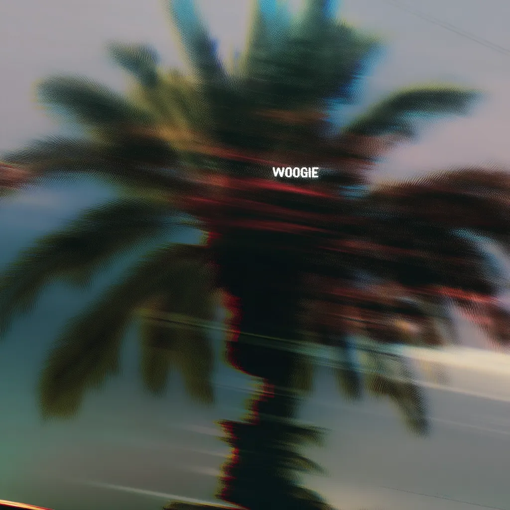 The image is an abstract depiction of a palm tree, rendered with a motion blur effect creating streaks of color.  The word "WOOgie" is subtly overlaid in white text near the center.  The overall aesthetic is dark, moody, and slightly psychedelic, suggestive of a tropical setting distorted through a lens or filter.