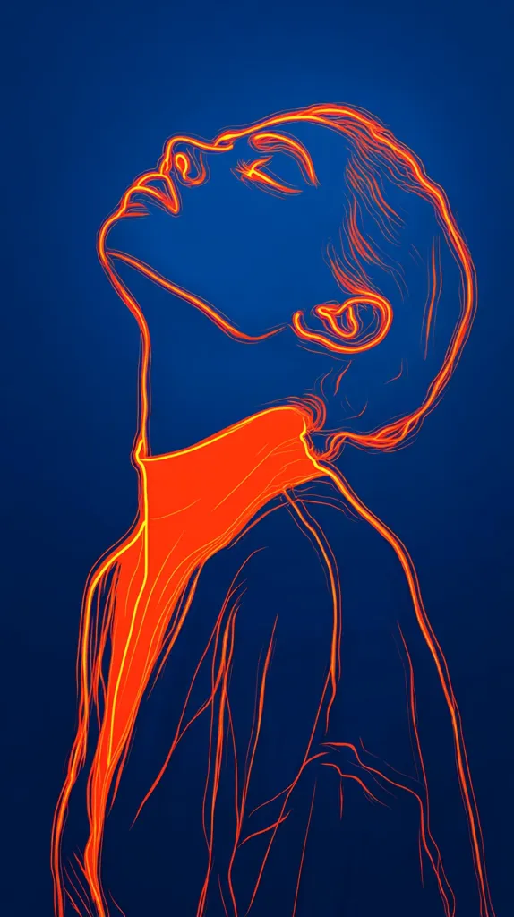 A stylized line drawing of a person's head and shoulders, rendered in vibrant orange against a deep blue background. The figure's head is tilted back, eyes closed, suggesting a feeling of surrender or peace.  The lines are fluid and dynamic, creating a sense of movement and energy. The overall style is reminiscent of digital art or a neon sign.