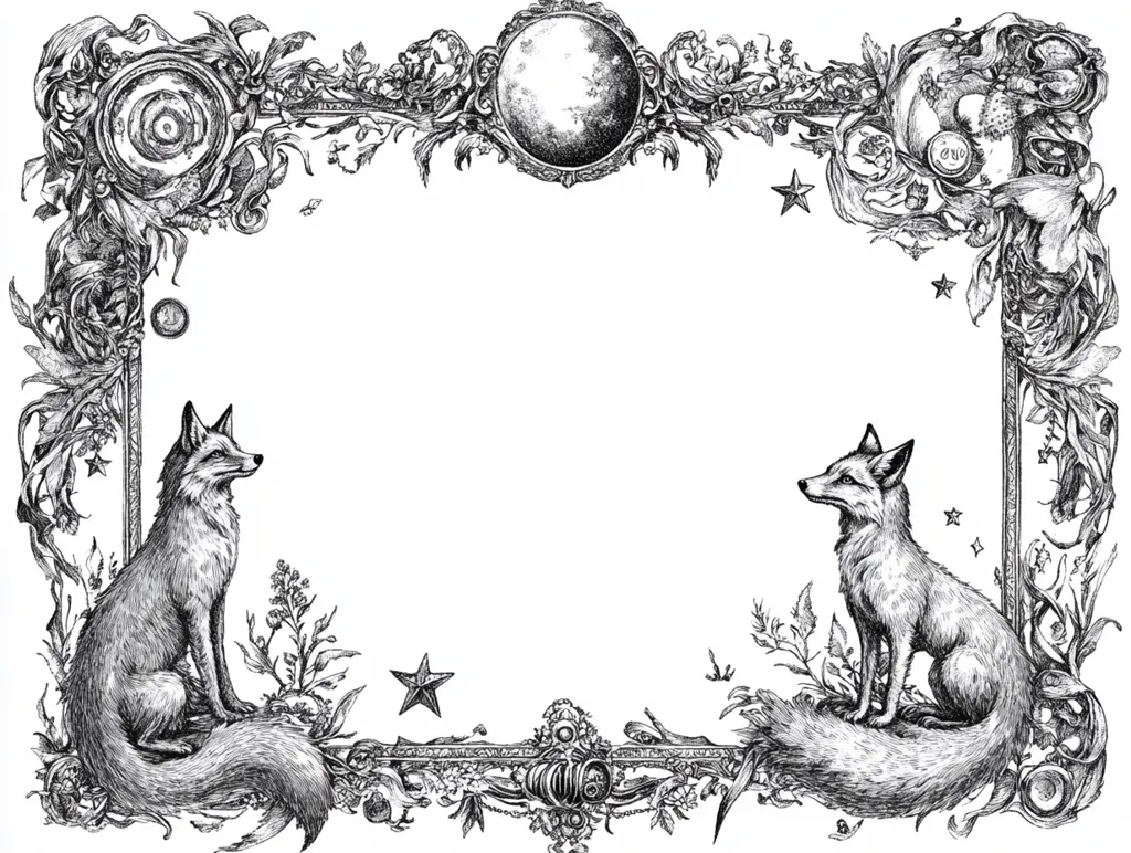 An ornate, black and white frame features two foxes sitting on either side, facing inward. The frame is filled with intricate details including celestial elements like stars and a moon, floral motifs, and swirling patterns.  The style is reminiscent of vintage book illustrations or engravings, creating an elegant and slightly mystical atmosphere.  The foxes add a touch of whimsy to the formal design.