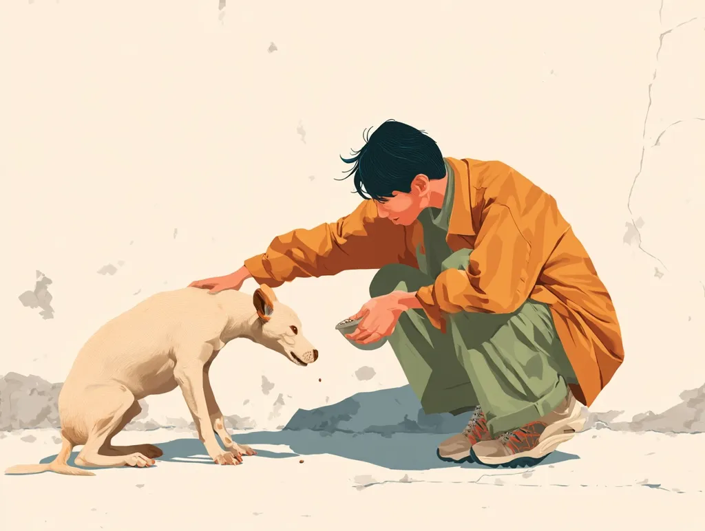 A young man, dressed in an orange jacket and olive green pants, crouches beside a light beige dog. He gently pets the dog while offering it food from a small bowl.  The scene is set against a textured, off-white wall, creating a calm and compassionate atmosphere. The illustration style is clean and modern, with a focus on soft colors and subtle details.