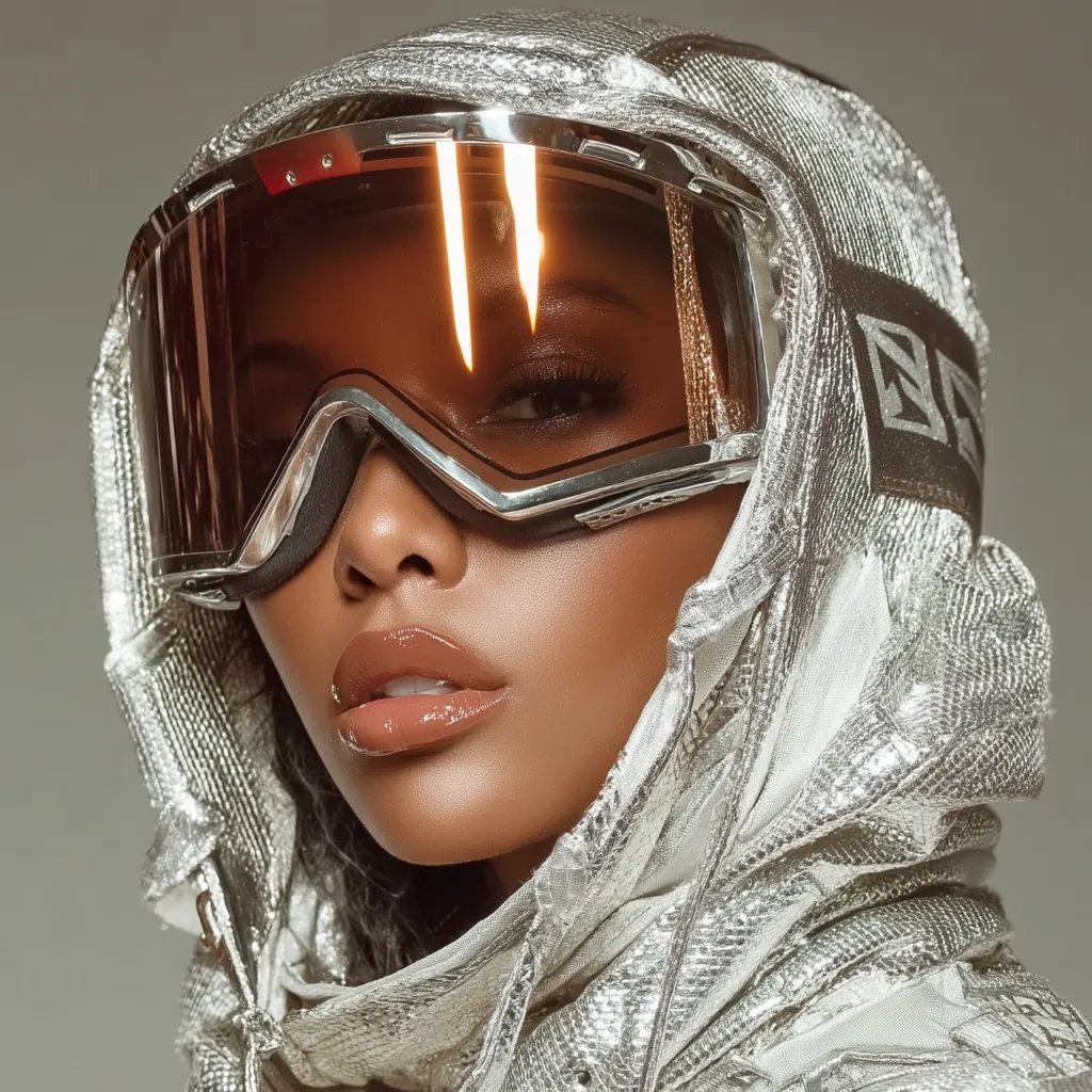 Close-up of a woman with dark skin wearing a silver metallic hooded jacket and large, amber-tinted ski goggles.  Her makeup is subtly glamorous, and her expression is serious and intense. The lighting highlights the metallic sheen of the jacket and the reflective surface of the goggles.  The overall aesthetic is futuristic and stylish.