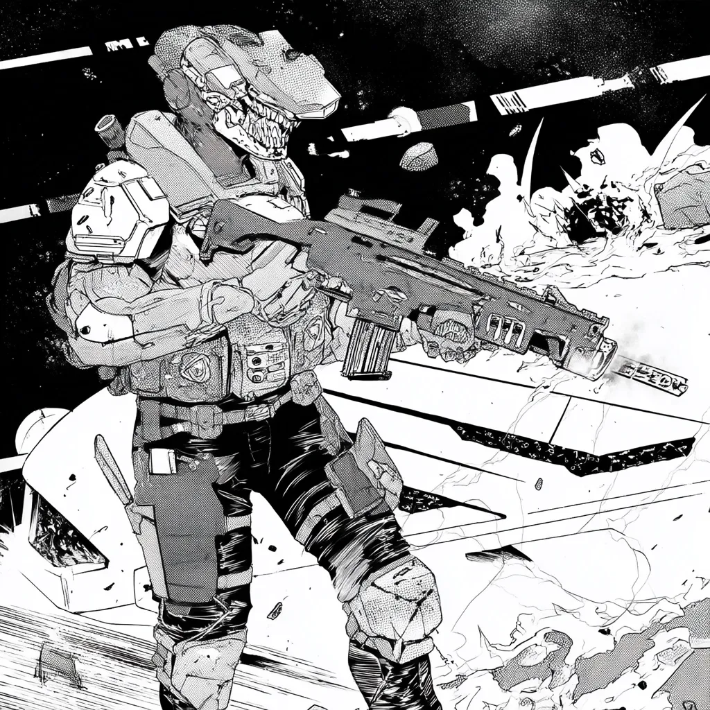 A black and white illustration depicts a futuristic soldier, clad in heavy armor with a monstrous helmet, wielding a large assault rifle. The soldier stands amidst a chaotic scene, possibly a battle, with a damaged vehicle and explosive debris in the background.  The style is reminiscent of manga or graphic novel art, using heavy shading and linework to create a dramatic effect. The overall mood is intense and action-packed.