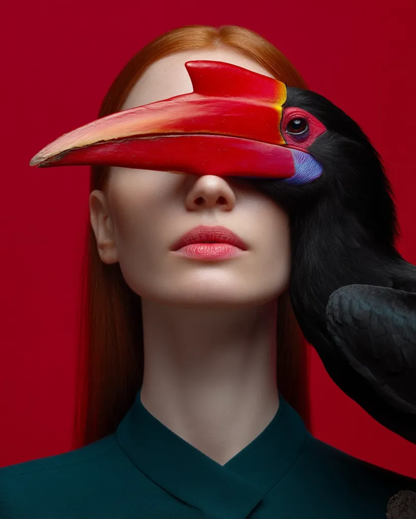 A woman with long red hair is pictured against a red backdrop.  A large, vibrant red and black hornbill's beak covers her eyes.  The bird's body extends to the right of the frame. The woman wears a teal collared shirt. The image is striking due to its bold color contrast and surreal juxtaposition of human and animal elements.