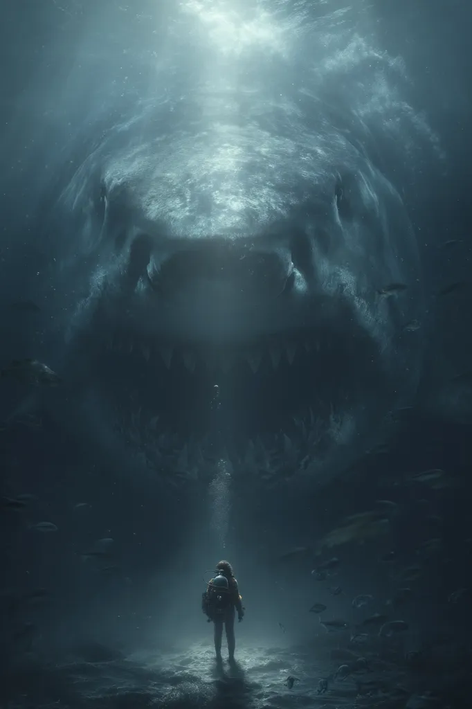 A lone diver in a spacesuit stands on the ocean floor, dwarfed by the immense, gaping maw of a colossal shark looming above.  The scene is dark and moody, illuminated only by a shaft of light from above.  Small fish swim around the diver, highlighting the scale of the predator and the diver's vulnerability in the deep ocean.  The image evokes a sense of awe and impending danger.