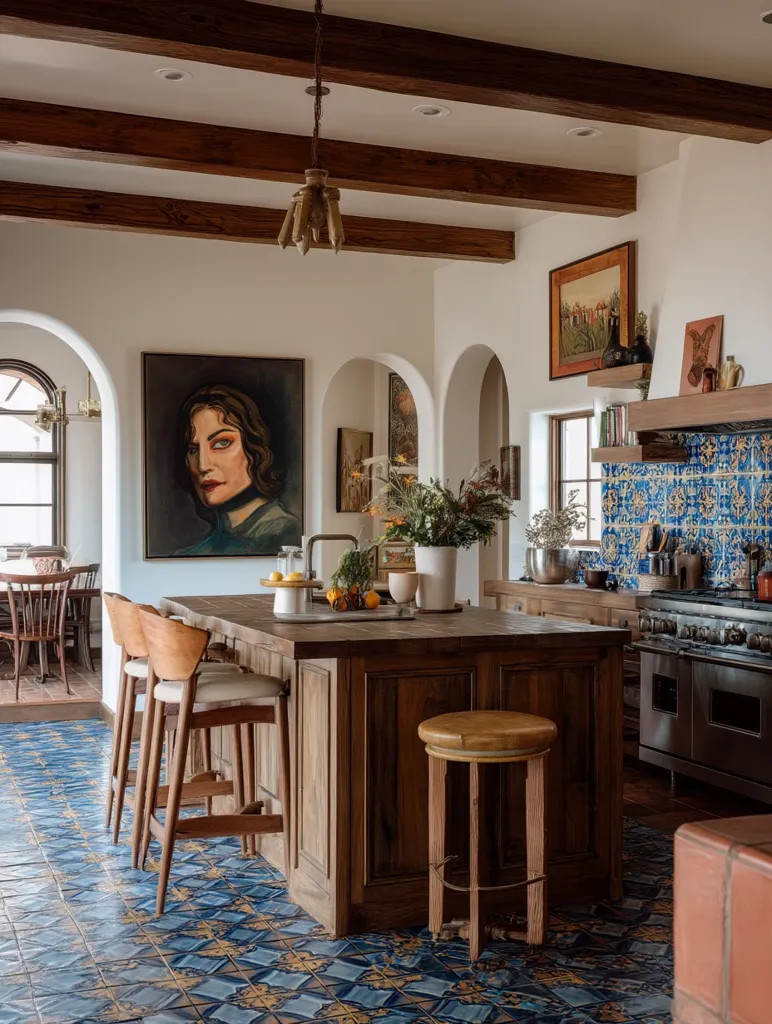 A spacious kitchen boasts a large, rustic wooden island, surrounded by wooden stools and featuring a striking blue and gold tiled floor.  The walls are white, accented by arched doorways and artwork, including a portrait of a woman.  Dark wooden beams add to the room's character, complemented by a vintage-style light fixture.  A richly tiled backsplash and professional-grade appliances complete the sophisticated, yet warm, design.