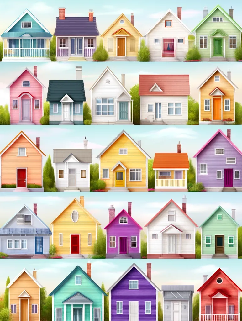 A vibrant illustration showcases a charming row of colorful houses.  Each house is uniquely designed with varying architectural styles, colors, and landscaping.  The image is arranged in multiple rows, creating a cheerful and picturesque neighborhood scene against a bright, sunny sky.  The houses feature diverse colors, from pastels to bright hues, adding to the overall whimsical aesthetic.