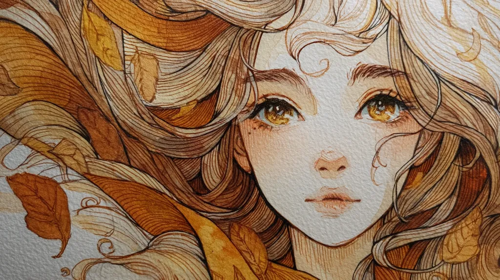 A watercolor painting depicts a young woman's face, partially obscured by flowing, autumnal-toned hair.  Her hair is intricately detailed, resembling swirling leaves and branches in shades of brown and gold.  The woman's expression is serene, and her eyes are a warm amber.  The overall style is delicate and ethereal, suggesting a connection to nature.