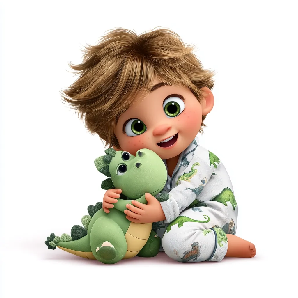 A charming, computer-animated toddler boy with light brown, tousled hair sits on a white background. He's wearing dinosaur-print pajamas and hugs a small, plush green dinosaur tightly.  The boy has large, expressive green eyes and a joyful smile, showcasing his affection for his cuddly companion.  The scene is bright and cheerful, conveying a sense of warmth and innocence.