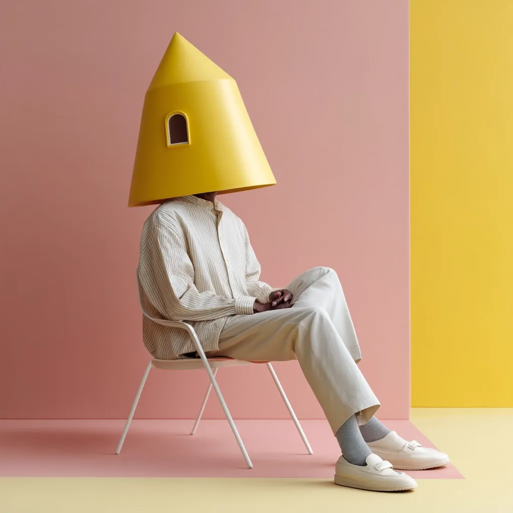 A person sits on a white chair against a pink and yellow wall. Their head is covered by a large yellow cone-shaped object with a small window.  They wear light beige pants and a striped shirt, and white loafers. The image is minimalist and surreal, suggesting themes of anonymity or concealment.