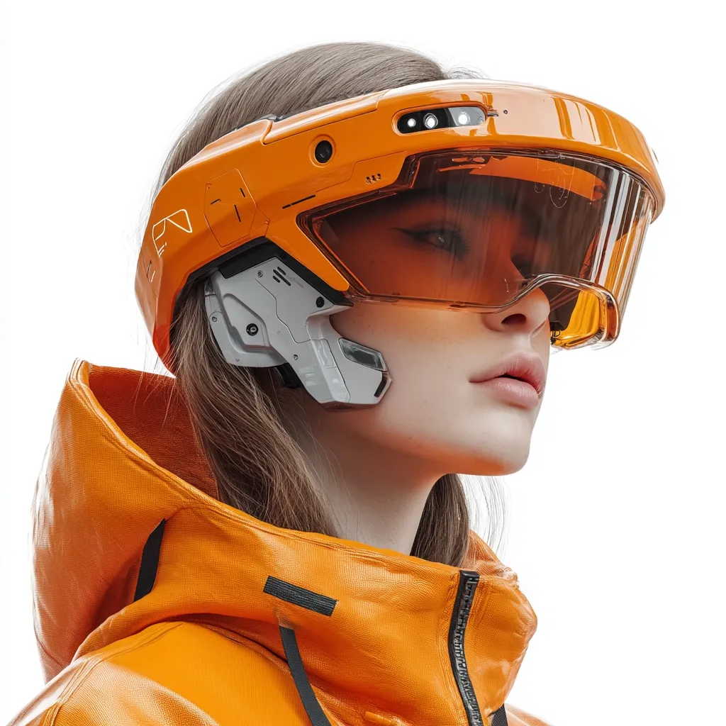 A young woman with long brown hair wears a futuristic, bright orange helmet with amber-tinted visor and grey accents.  The helmet appears technological, possibly augmented reality, and is worn over a matching orange hooded jacket. The overall aesthetic is cyberpunk, suggesting a blend of high-tech and street style. The woman's expression is serious and her gaze is directed slightly away from the viewer.