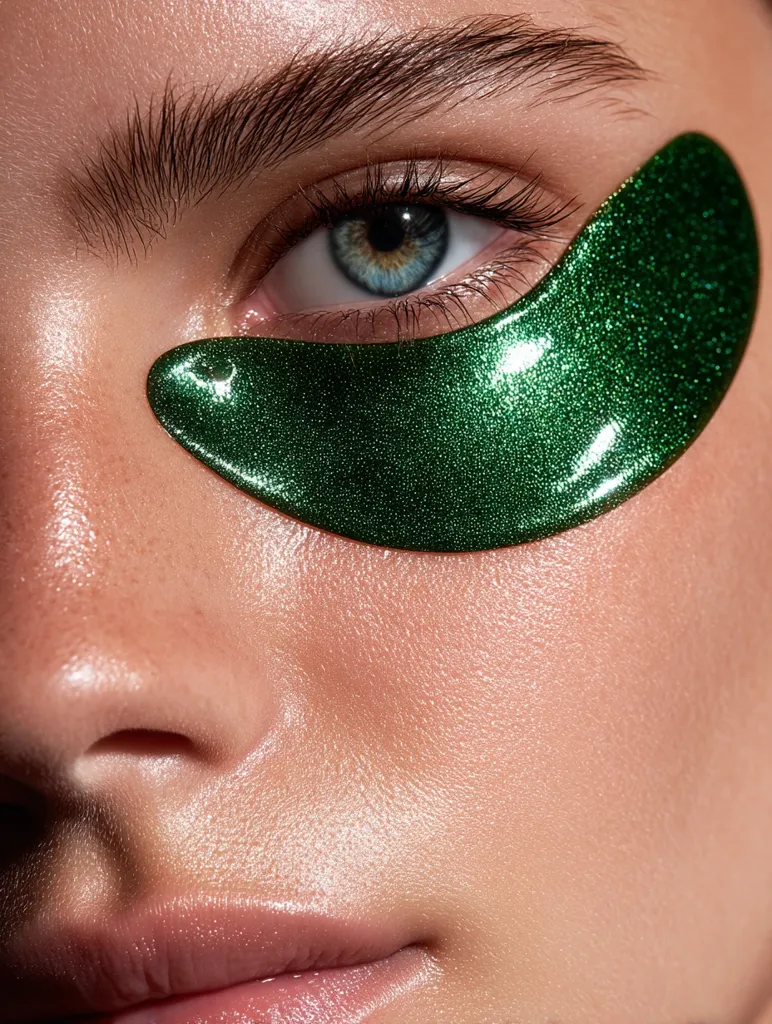 Close-up of a woman's eye with a dark green, shimmery under-eye mask applied.  The mask covers the lower eyelid and is glossy.  The woman's skin is smooth and luminous, with well-defined eyebrows. The focus is sharp on the eye and mask, highlighting the product's texture and the model's delicate features.