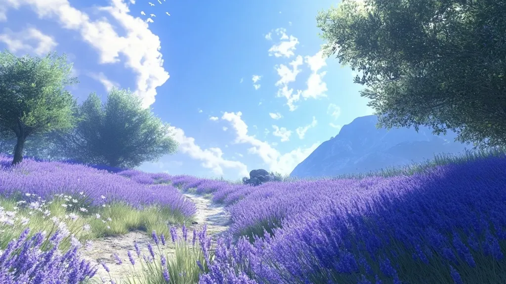 A picturesque landscape unfolds, showcasing a vibrant field of lavender stretching towards a mountainous backdrop under a bright, partly cloudy sky.  A dirt path winds through the fragrant purple blooms, flanked by lush green trees.  The scene is serene and idyllic, evoking a sense of tranquility and natural beauty.  A few birds are visible in the sky, adding to the peaceful ambiance.