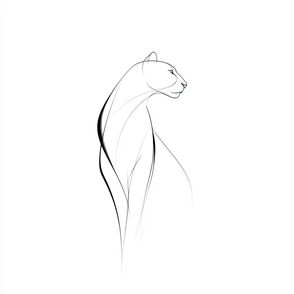 A minimalist line drawing depicts a panther or cougar in profile view.  The elegant, flowing lines suggest grace and power.  The cat is depicted sitting, its body and tail forming a single, continuous curve against a stark white background.  The image is stylized and abstract, focusing on the animal's form rather than fine detail.