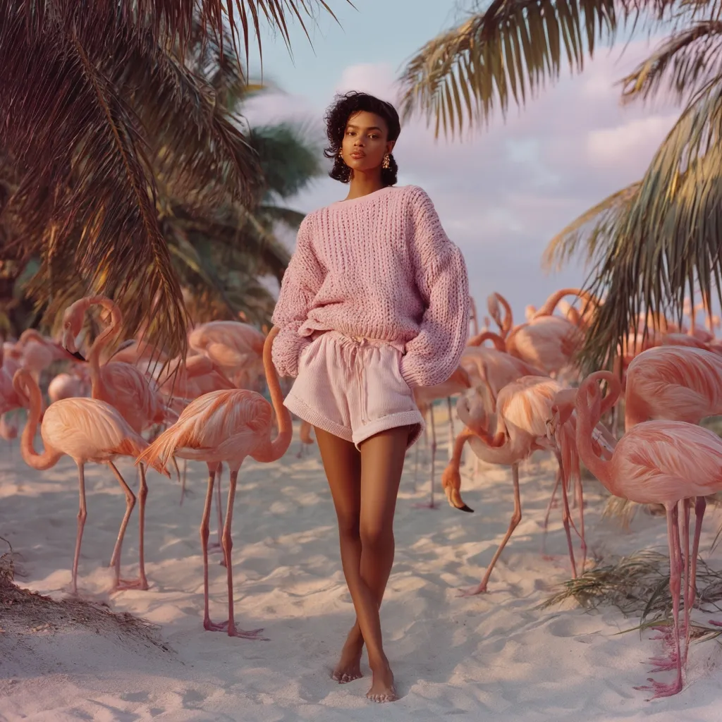 A young woman in a pale pink knit sweater and shorts stands barefoot on a sandy beach, surrounded by a flock of pink flamingos.  The scene is bathed in warm, sunset light, with palm trees in the background. The overall aesthetic is soft, feminine, and tropical.