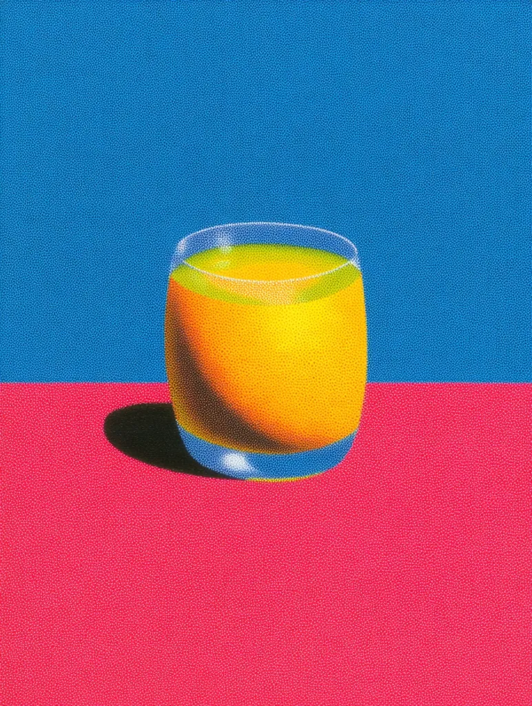 A glass of orange juice sits on a vibrant pink surface against a bold blue background. The image is stylized with a pointillist technique, creating a textured effect.  The juice is a rich, golden-yellow, and the glass is short and cylindrical. The contrasting colors and simple composition create a striking visual.  A small shadow is cast beneath the glass.