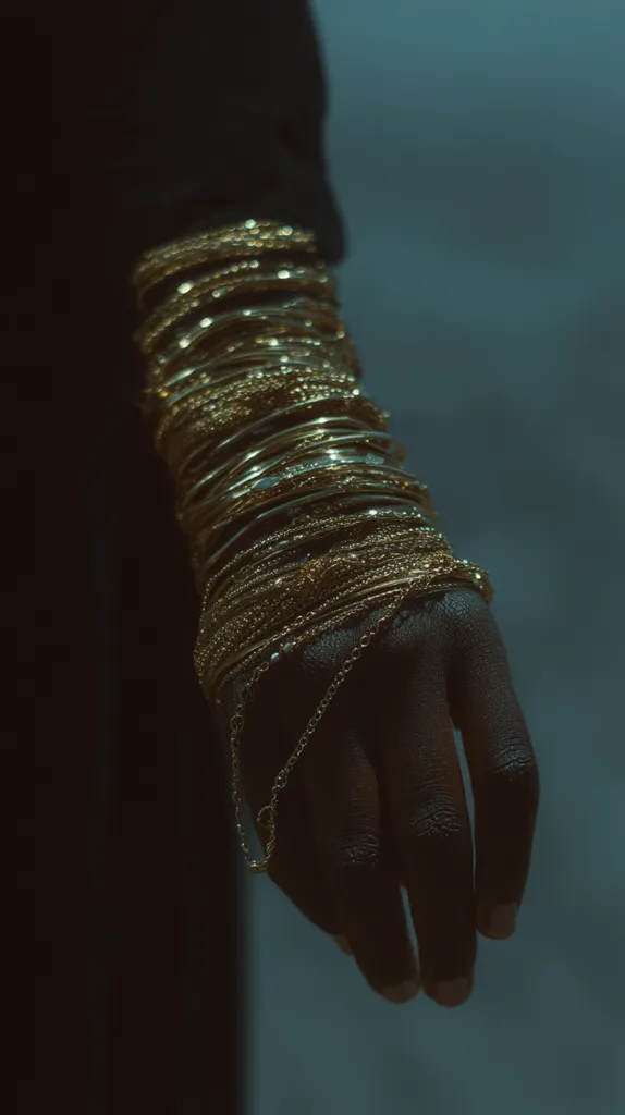 A close-up shot reveals a dark hand adorned with numerous gold bangles and delicate chains.  The bangles are stacked high on the wrist, creating a weighty and opulent look. The image is dark and moody, focusing on the texture and gleam of the gold against the shadowed skin. The overall aesthetic is rich and mysterious.