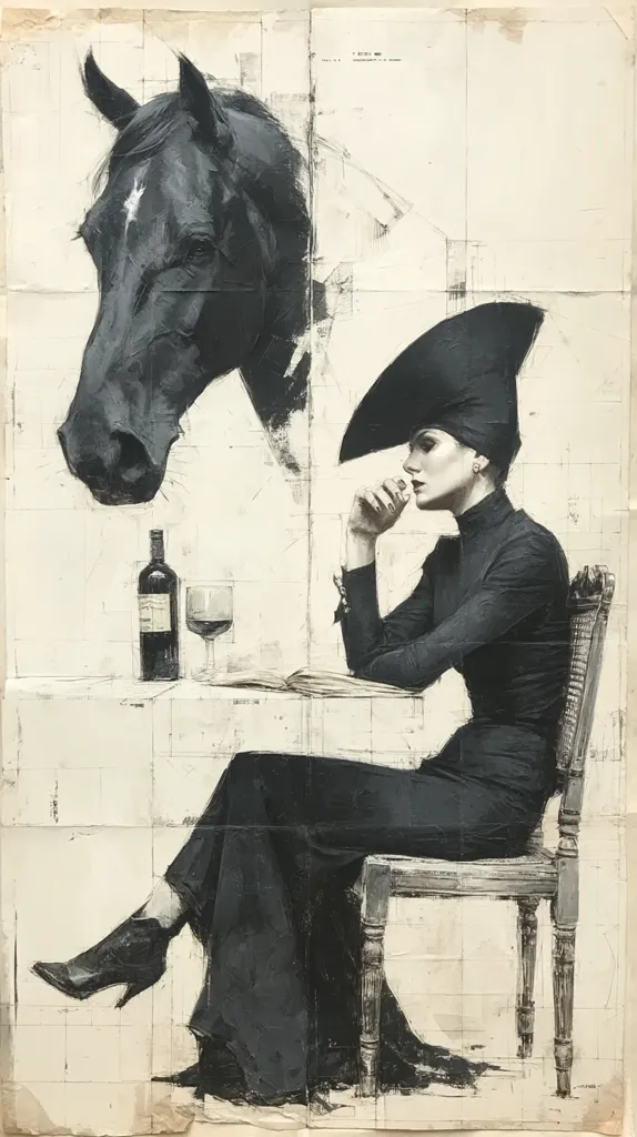A monochromatic artwork depicts a woman in a long black dress and wide-brimmed hat seated on a chair.  She holds a pensive pose, her hand resting on her chin.  A bottle of wine and a glass sit on a table beside her. A large black horse's head is subtly incorporated into the background, seemingly merging with the architectural sketch-like texture of the canvas. The overall effect is one of quiet contemplation and artistic layering.