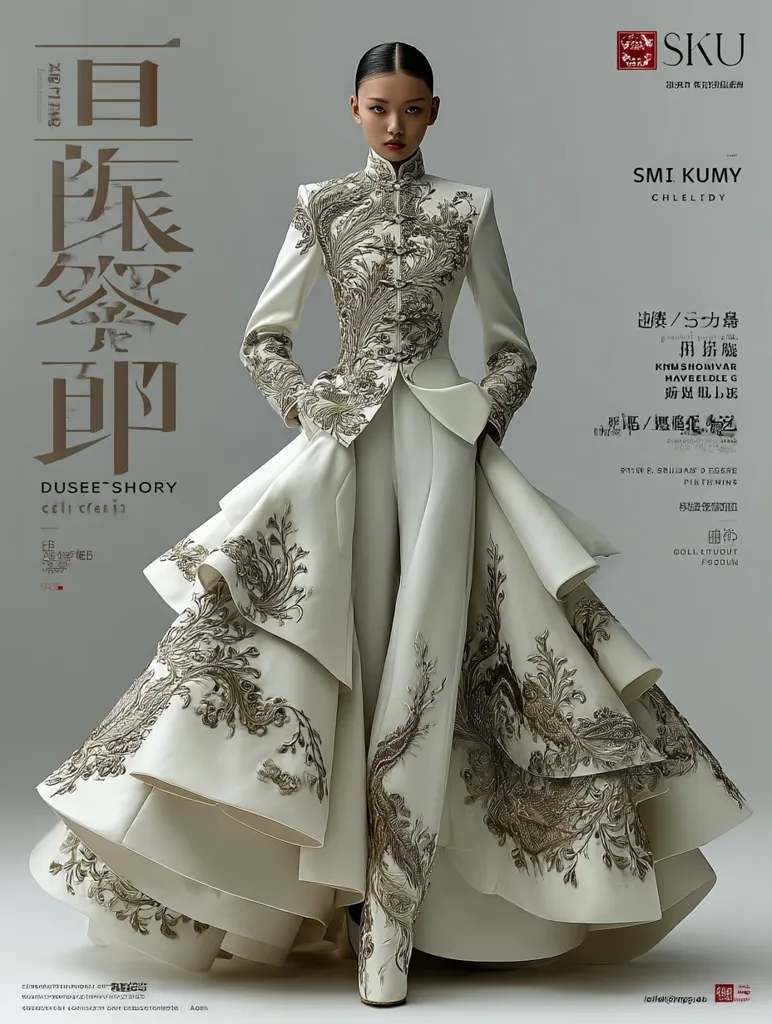A model elegantly poses in a cream-colored haute couture gown.  The dress features intricate, dark embroidery depicting swirling patterns, primarily on the bodice and cascading layers of the skirt.  The high-collared jacket and wide-legged pants create a striking silhouette. The overall aesthetic is sophisticated and dramatic, reflecting high fashion design.