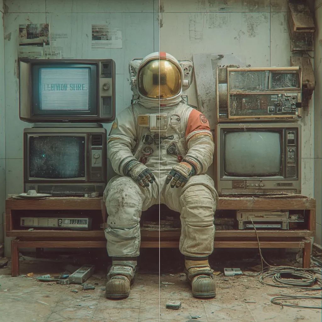 A weathered astronaut sits on a low wooden bench amidst a collection of vintage, dusty televisions and electronics.  The scene is set in a dilapidated room, with peeling walls and a cluttered floor. The astronaut's suit shows signs of wear, reflecting a sense of abandonment or isolation. The overall mood is melancholic and suggestive of a post-apocalyptic or forgotten setting.