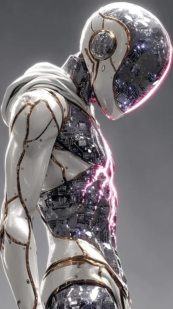 A futuristic android, predominantly white with gold accents, is depicted.  Its sleek, helmet-like head is transparent, revealing internal circuitry.  Pink energy pulses along its torso, visible through the partially translucent body. The android's design blends organic and mechanical elements, creating a visually striking image of advanced robotics.  A hooded cloak adds a mysterious element to its appearance.