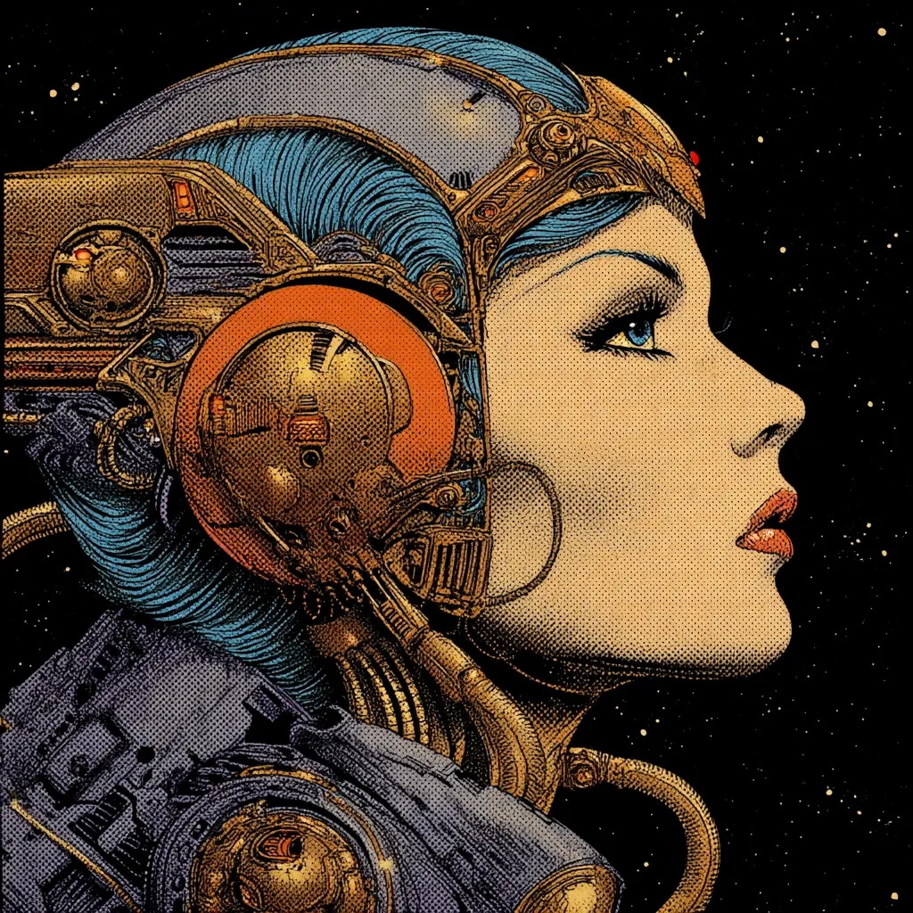 A stylized illustration depicts a woman's profile, her head adorned with intricate, gold-toned mechanical components resembling a futuristic helmet or headpiece. Her blue hair flows beneath the apparatus, contrasting with her pale complexion. The background is a dark, star-filled space, emphasizing the sci-fi theme. The detailed artwork is reminiscent of vintage science fiction illustrations, with a focus on intricate design and a blend of organic and mechanical elements.