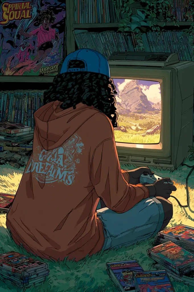 A person with long dark hair, wearing a blue cap and an orange hoodie, sits on the grass playing a video game.  The game displays a scenic landscape on a retro television.  Surrounding them are stacks of video games and comic books, suggesting a nostalgic and gaming-centric environment. The hoodie displays the words "GAGA DREAMS". The overall style is reminiscent of 90s or early 2000s pop culture.