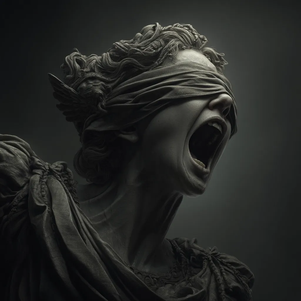 A dramatic monochrome sculpture depicts a blindfolded, winged figure with flowing drapery, its mouth open in a silent scream.  The dark, textured stone suggests a sense of anguish and injustice.  The contrast of light on the face emphasizes the emotional intensity, creating a powerful and unsettling image.  The blindfold symbolizes lack of knowledge or fairness.