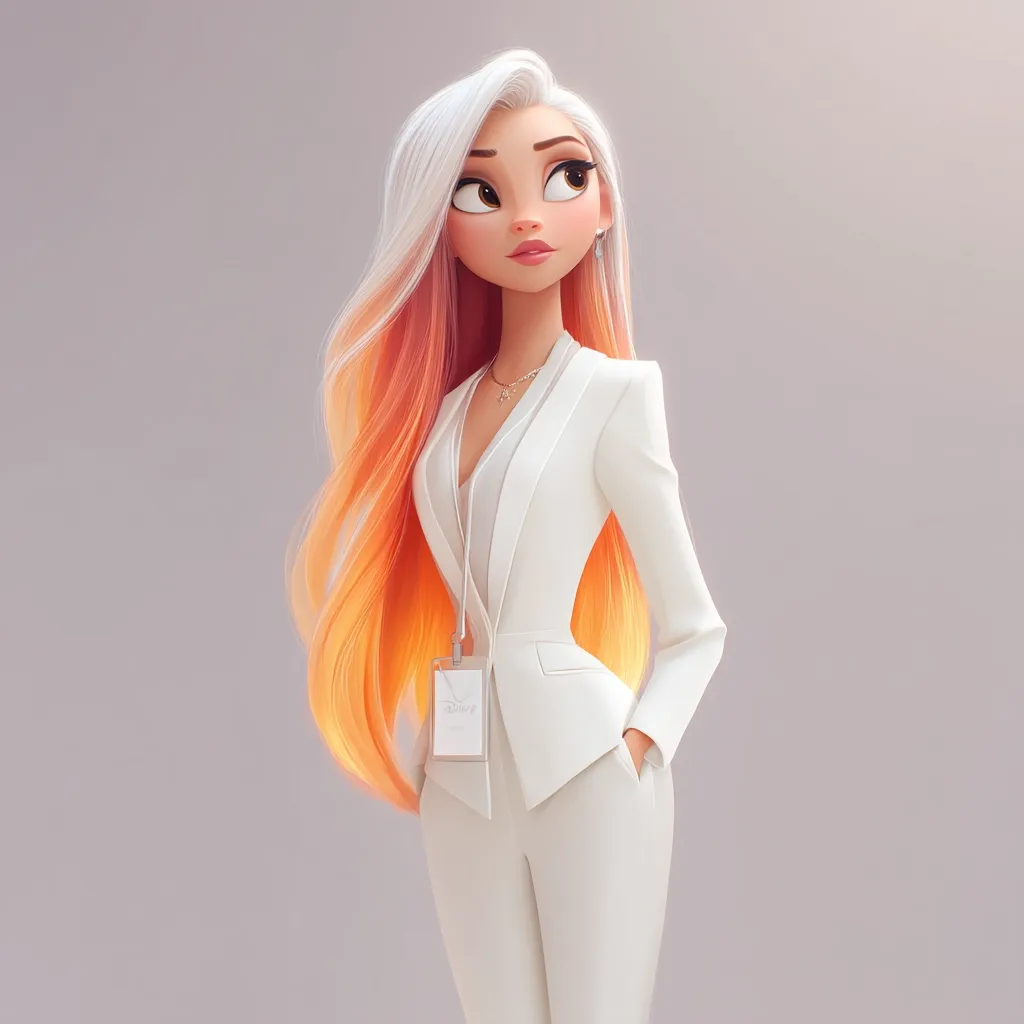 A stylized, cartoon woman with long, flowing white and orange hair is depicted.  She's dressed in a crisp white pantsuit and wears a lanyard around her neck.  Her expression is calm and her gaze is directed slightly upward and to her right. The overall style is clean, modern, and digitally rendered, giving the image a polished, almost doll-like appearance. The background is a muted gray.