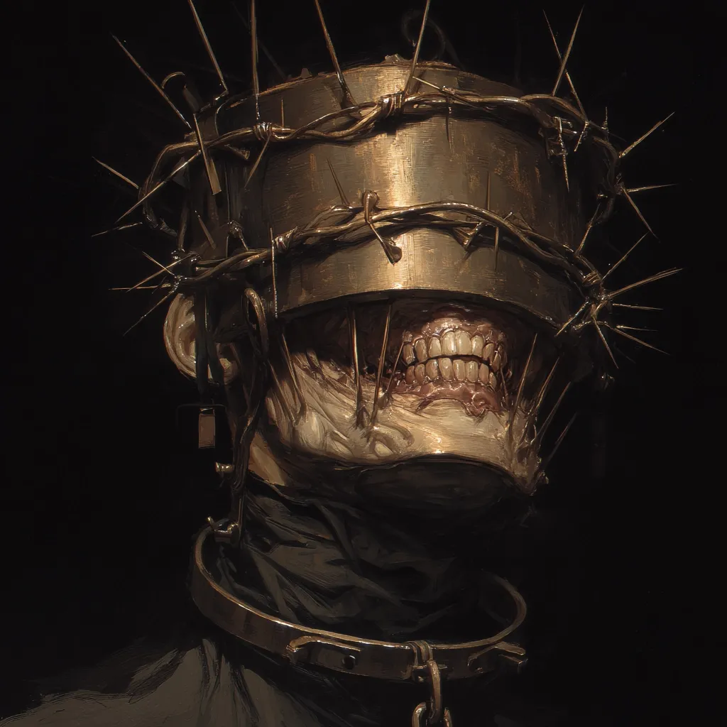 A dark, disturbing portrait of a figure cloaked in shadows.  A metallic mask, encircled by barbed wire, obscures the eyes, revealing only a decaying, grinning mouth.  Sharp points protrude from the mask's crown. A metal collar encircles the neck, adding to the sense of confinement and suffering. The overall tone is one of gothic horror and macabre artistry.