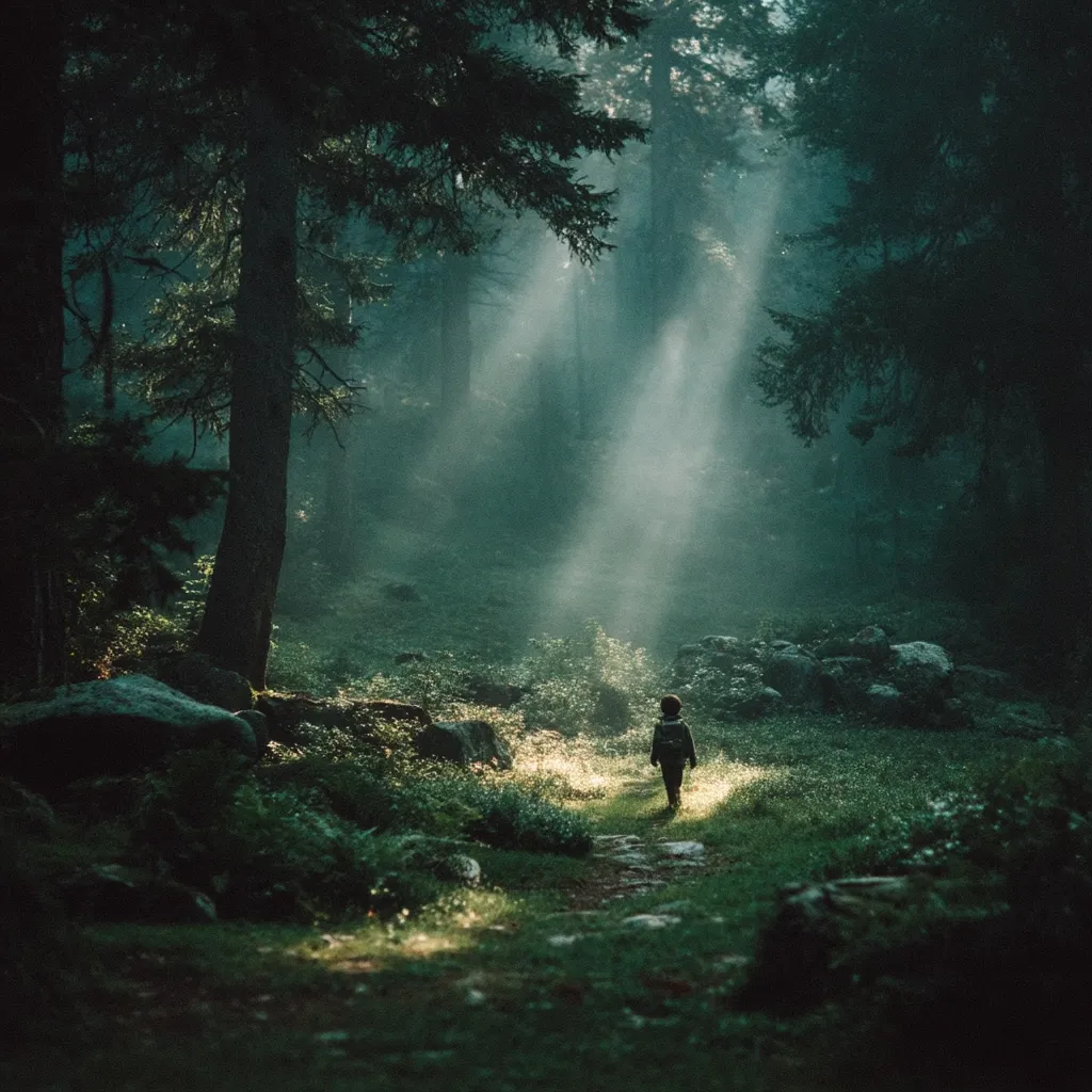 A solitary figure, small in stature, walks along a path through a dense, mystical forest. Sunlight streams through the trees, illuminating the path and creating an ethereal atmosphere. The scene is rich with deep greens and shadows, evoking a sense of wonder and tranquility. Rocks and lush vegetation line the path, adding to the natural beauty of the forest.  The overall mood is serene and mysterious.