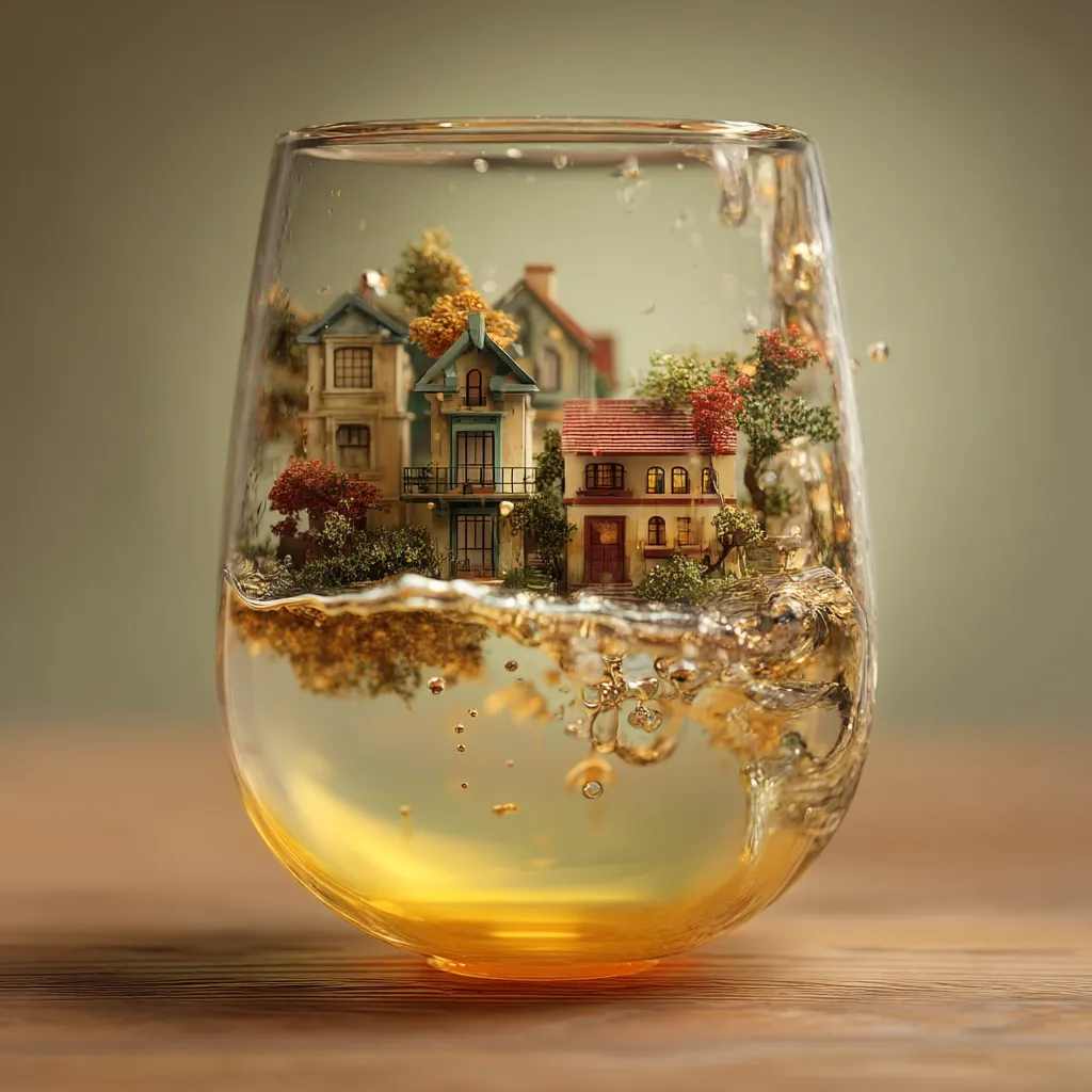 A whimsical image depicts a miniature village nestled within a glass filled with a golden liquid.  Tiny houses with autumnal trees surround a quaint town square.  The liquid appears to be wine or a similar beverage, with subtle bubbles and a gentle splash around the miniature scene. The overall aesthetic is serene and fantastical.