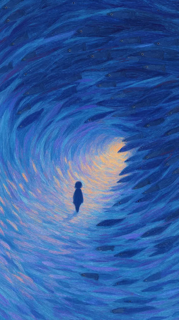 A solitary figure, silhouetted in dark blue, stands at the center of a swirling vortex of blue hues.  Countless small, dark fish encircle the person, creating a tunnel-like effect leading towards a warm, golden light at the center's far end. The painting's textured style evokes a sense of depth and movement within the water.
