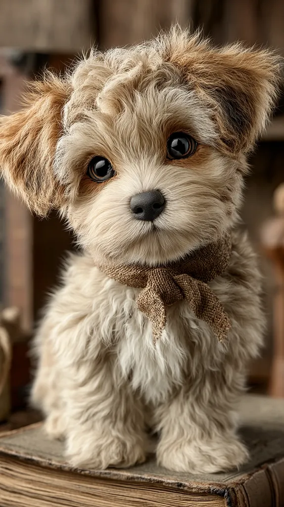 A fluffy, light brown puppy with large, dark eyes sits on an old book.  Its fur is long and textured, and it wears a simple brown fabric neck scarf. The puppy looks directly at the camera with a sweet expression. The background is blurred, suggesting a rustic, antique setting.  The overall image is soft and charming.