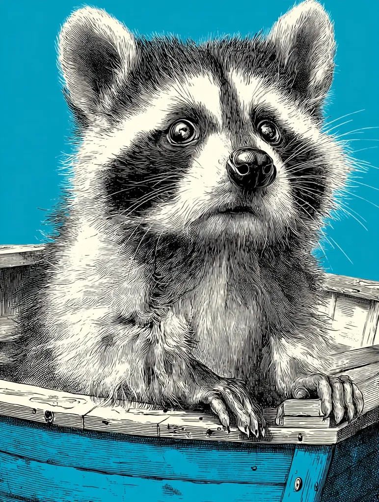 A charming illustration showcases a young raccoon nestled inside a small, teal-colored boat.  The raccoon's expressive eyes and detailed fur are rendered in black and white, creating a striking contrast against the vibrant background. Its paws rest on the boat's edge, giving the image a sense of curiosity and gentle charm.  The style is reminiscent of vintage woodcuts or engravings.