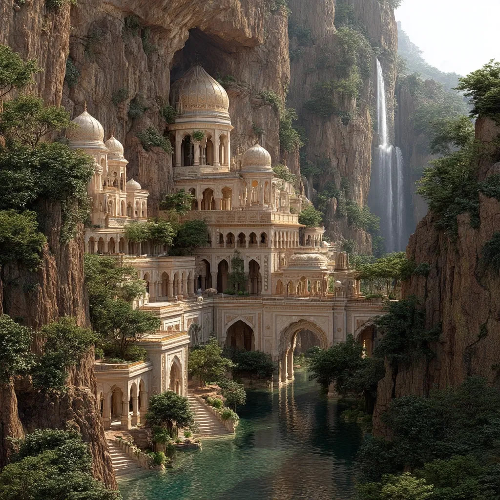 A majestic, light beige palace complex is nestled within a towering cliff face, partially carved into the rock.  Lush greenery surrounds the intricate architecture, which features numerous domes and arches. A tranquil waterway flows below, reflecting the building and the waterfall cascading down the cliffside in the background. The scene evokes a sense of serene isolation and otherworldly beauty.