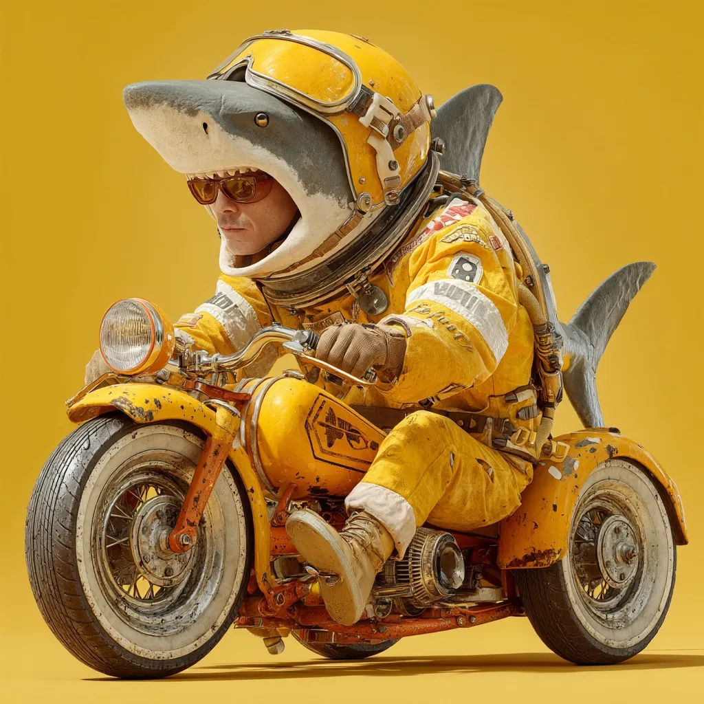 A digitally rendered image shows a person wearing a yellow astronaut suit with a shark head helmet riding a yellow, three-wheeled motorcycle. The motorcycle is distressed, appearing old and weathered. The overall aesthetic is quirky and retro-futuristic, set against a solid yellow background.  The scene is humorous and imaginative.