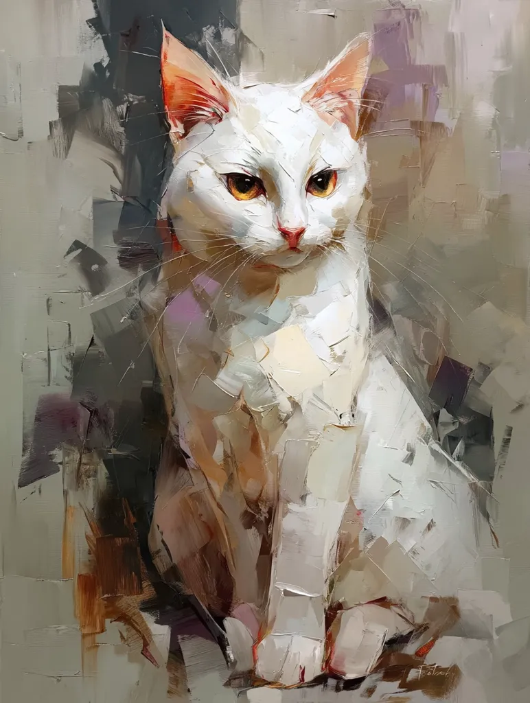 A captivating oil painting showcases a white cat, rendered in a dynamic impasto style.  The artist uses bold brushstrokes to depict the cat's fluffy fur and piercing amber eyes.  The background is a textured blend of grays and muted browns, creating a striking contrast with the cat's bright white coat. The overall effect is a powerful and expressive portrait of a feline subject.
