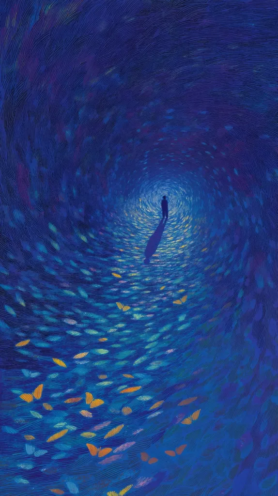 A lone figure walks towards a bright light at the end of a swirling tunnel.  The tunnel is filled with countless butterflies of varying colors, creating a mesmerizing, dreamlike atmosphere.  The deep blue hues and textured brushstrokes evoke a sense of depth and mystery, suggesting a journey into the unknown or a passage to enlightenment. The person's shadow stretches long behind them, adding to the surreal and evocative quality of the artwork.