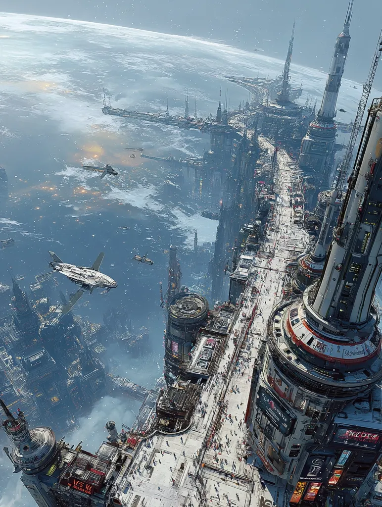 A sprawling futuristic city, blanketed in snow, extends from a coastal edge into a vast expanse.  Tall, cylindrical structures dominate the cityscape, interspersed with smaller buildings.  A wide, central thoroughfare is crowded with pedestrians. Spaceships traverse the sky above a cloudy, icy sea. The overall aesthetic blends industrial design with a cold, wintry atmosphere.