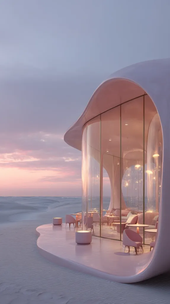 A minimalist pink cafe sits on a sandy beach at sunset.  Its curved, organic architecture features large glass windows offering panoramic views.  The interior is softly lit, showcasing simple, elegant furniture.  The overall aesthetic is serene and modern, blending seamlessly with the natural surroundings.  The soft pink tones create a calming and sophisticated atmosphere.