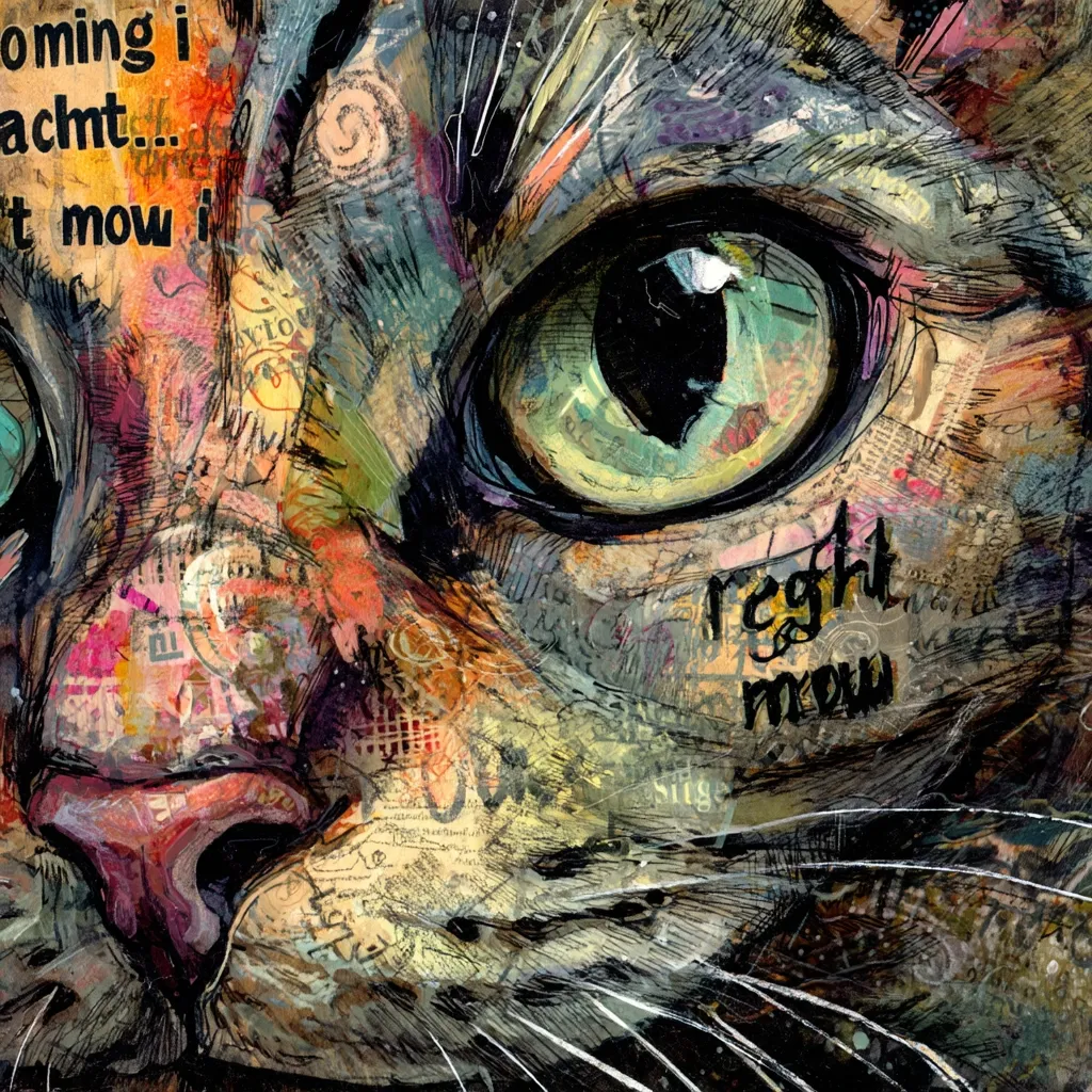 A close-up, vibrant mixed-media artwork depicts a cat's face.  The style is expressive and textured, incorporating paint, collage elements, and sketched lines.  The cat's intense green eye dominates the composition, surrounded by a blend of colors and overlaid text fragments, including "right meow."  The overall effect is dynamic and captures a sense of feline personality.
