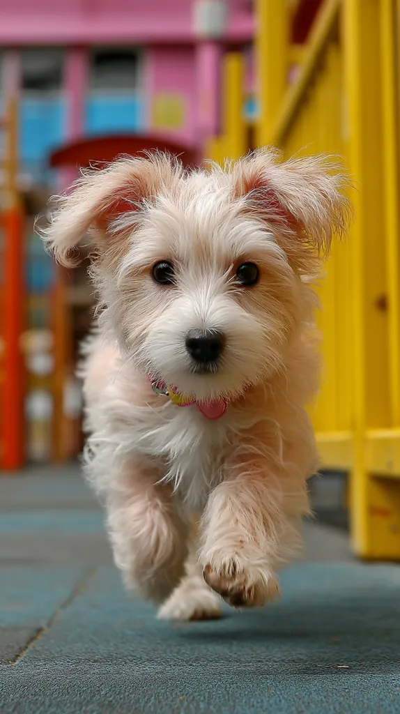 A fluffy, light brown and white puppy runs towards the camera.  Its ears are perked up, and it wears a pink collar.  The background is blurred, showing a brightly colored playground. The puppy's fur is soft and its expression is sweet and curious. It appears to be a small breed, possibly a mixed breed.