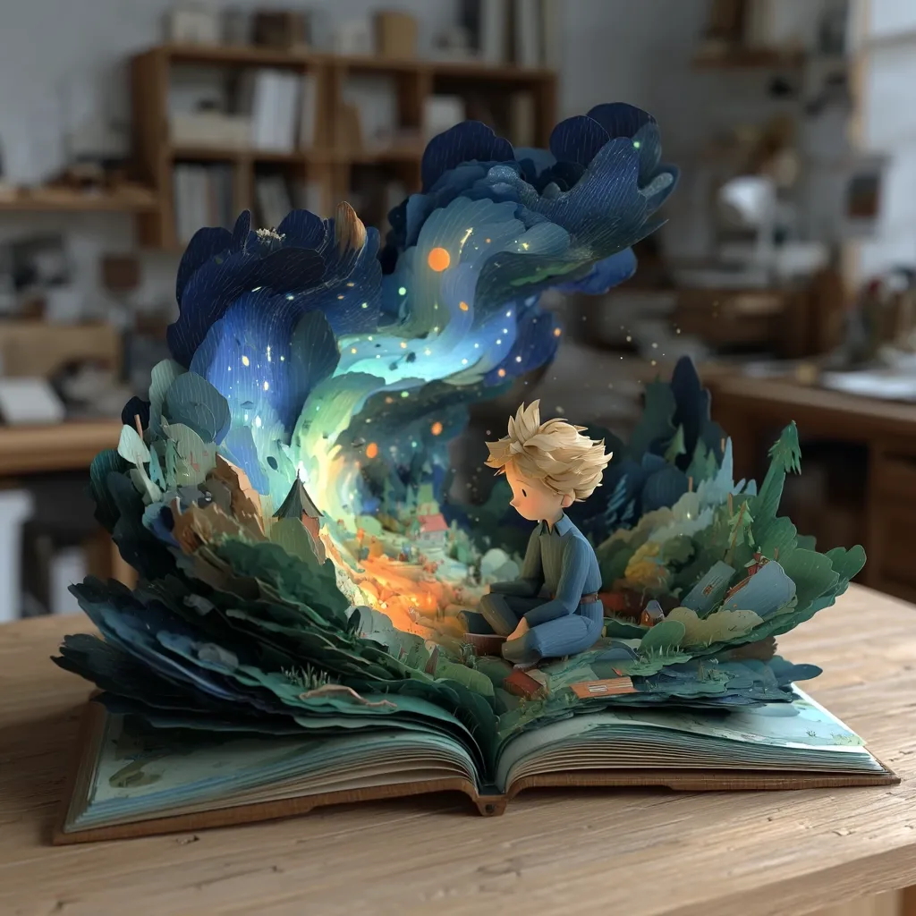 A meticulously crafted pop-up book depicts a young boy, possibly the Little Prince, seated within a fantastical, illuminated landscape.  Intricate paper layers create a swirling nebula above a miniature village nestled among green hills. The scene is bathed in warm light, emanating from a central source. The book rests on a wooden surface, suggesting a story unfolding in three dimensions. The overall effect is magical and evocative.