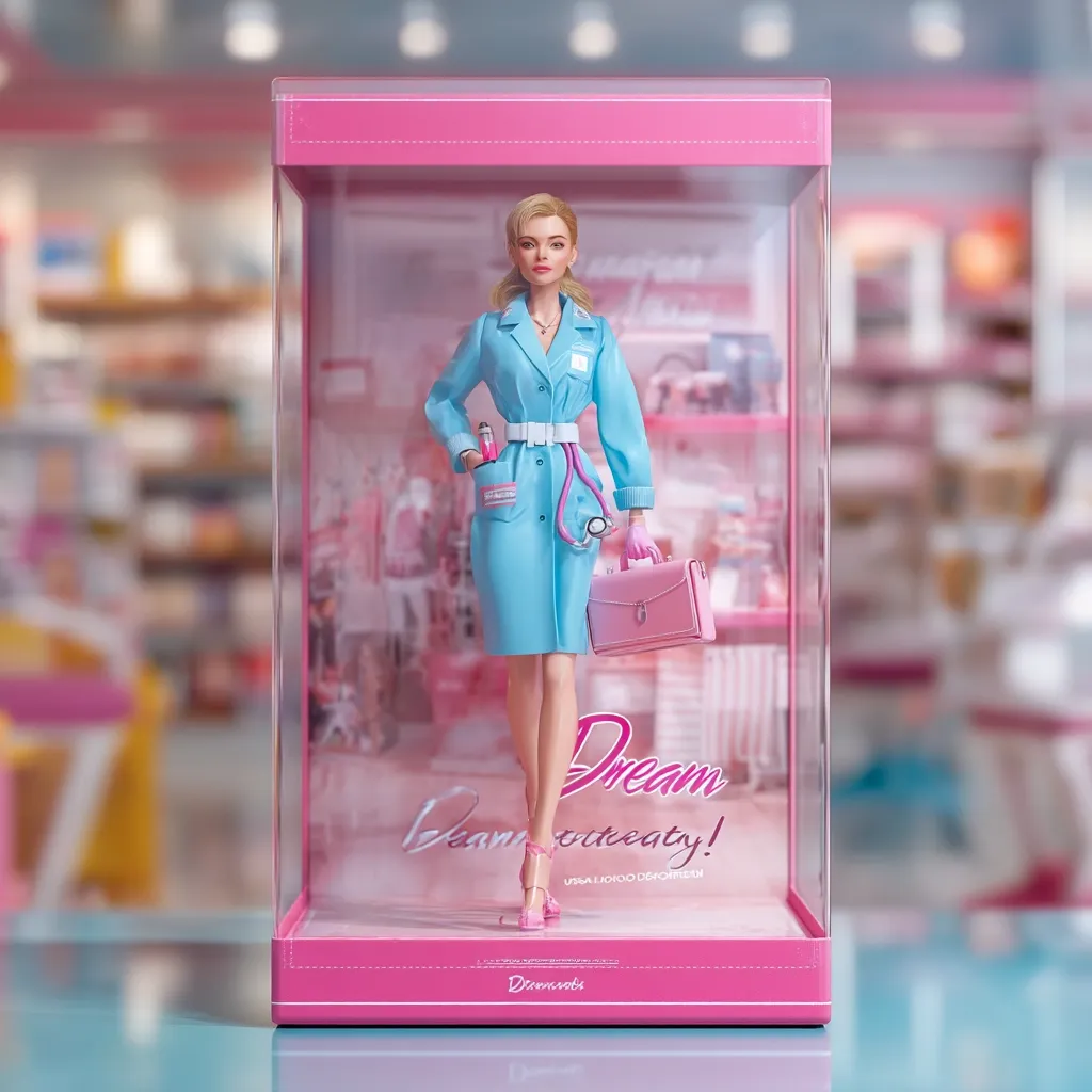 A collectible fashion doll, dressed as a doctor in a light blue lab coat and heels, is displayed in a pink acrylic case.  She carries a pink doctor's bag and a stethoscope. The case sits on a reflective surface, with a blurry pink retail background.  The words "Dream" and "Dreamy" are visible on the case.  The overall aesthetic is stylish and feminine.