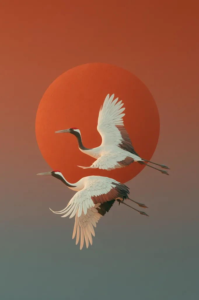 Two red-crowned cranes gracefully fly in front of a large, vibrant orange sun.  Their wings are outstretched, showcasing their elegant plumage of white and brown. The scene is serene and minimalist, with a muted background that emphasizes the birds and the setting sun. The image evokes a sense of peace and tranquility.