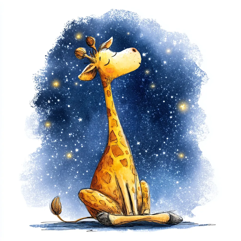 A whimsical illustration depicts a cartoon giraffe seated against a backdrop of a starry night sky. The giraffe, with its eyes closed, appears serene and contemplative, gazing upward at the celestial display.  The style is hand-drawn, with a textured watercolor effect, creating a charming and dreamlike atmosphere.  Small, glittering stars fill the dark blue night sky surrounding the peaceful giraffe.