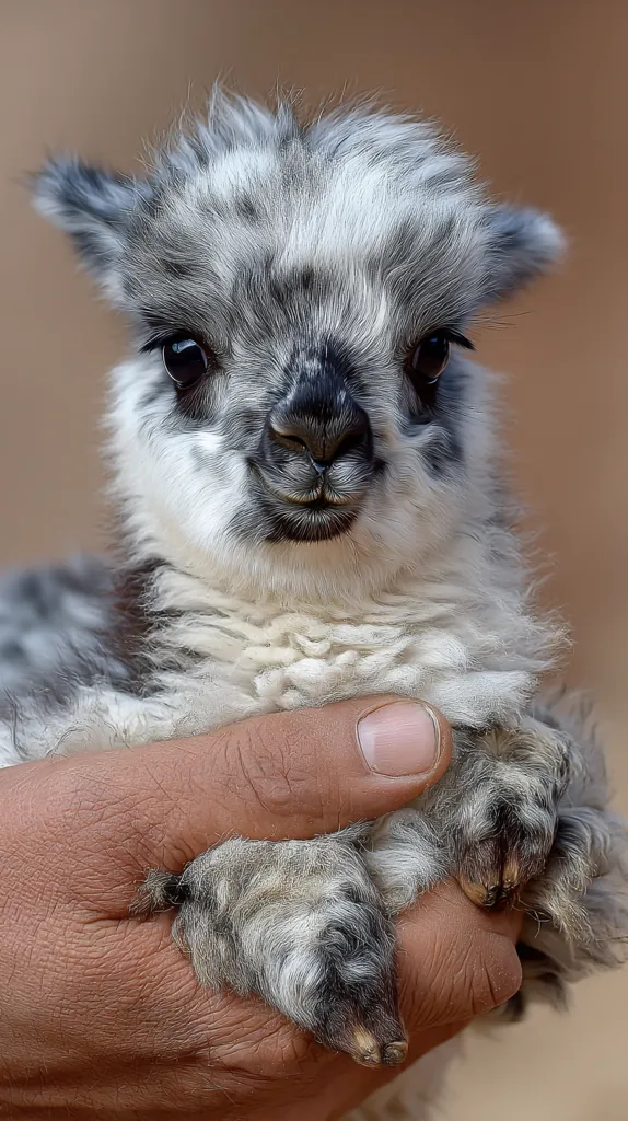A tiny, fluffy alpaca cria, predominantly white with dark grey markings, is gently cradled in a person's hand.  Its large, dark eyes and endearing expression are captivating.  The cria's soft, thick fleece is prominent, and its small paws are visible. The image focuses on the animal's cuteness and vulnerability.