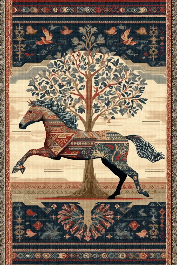 A tapestry depicts a stylized horse in motion, its coat patterned like a rug, leaping before a detailed tree.  The artwork is framed by intricate borders featuring birds and geometric designs reminiscent of traditional rug patterns.  The color palette is rich with reds, blues, and creams, creating a visually striking and evocative piece. The overall style blends realism with a folk-art aesthetic.